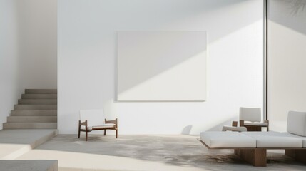 A minimalist living room design featuring a white canvas backdrop, Strategically arranged minimal furniture, Minimalist Scandinavian style