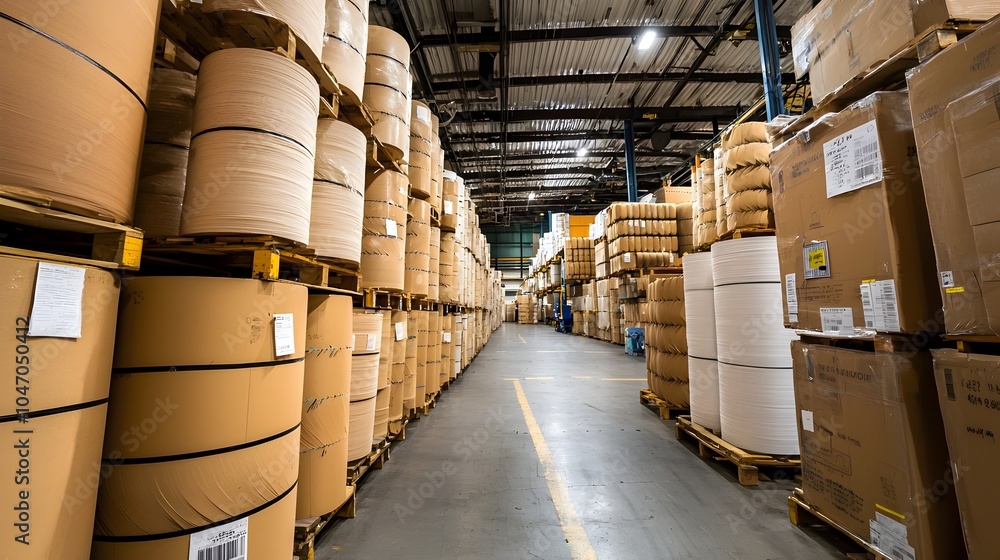 Poster neatly stacked paper rolls awaiting shipment at an organized and efficient warehouse facility with s