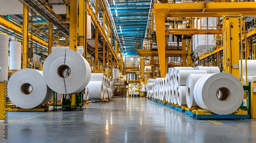 Poster neatly stacked paper rolls lined up and waiting for shipment in a well organized warehouse interior 