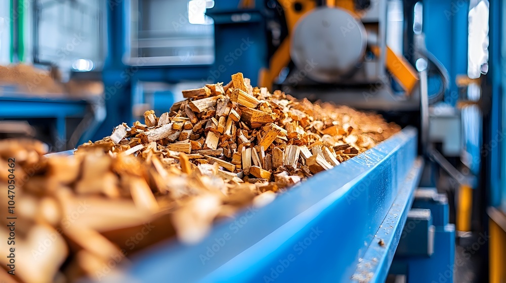 Aufkleber overhead view of a conveyor belt carrying a steady stream of wood chips being transported to an indu