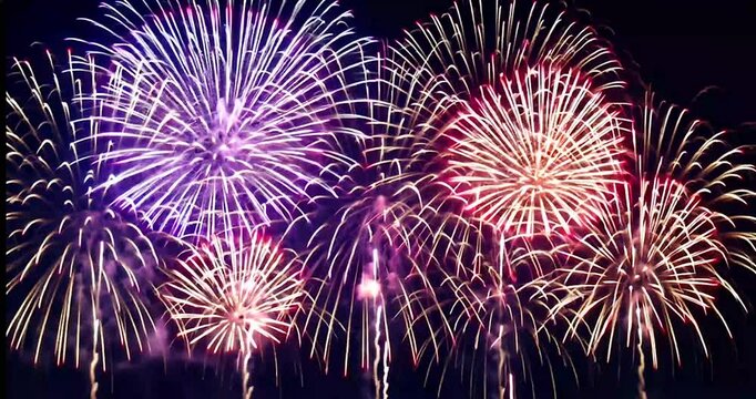 Fireworks explosion display celebration without sound audio in the sky colorful firework new year festival celebration event black background video in 4K Full HD stock video footage download 2025