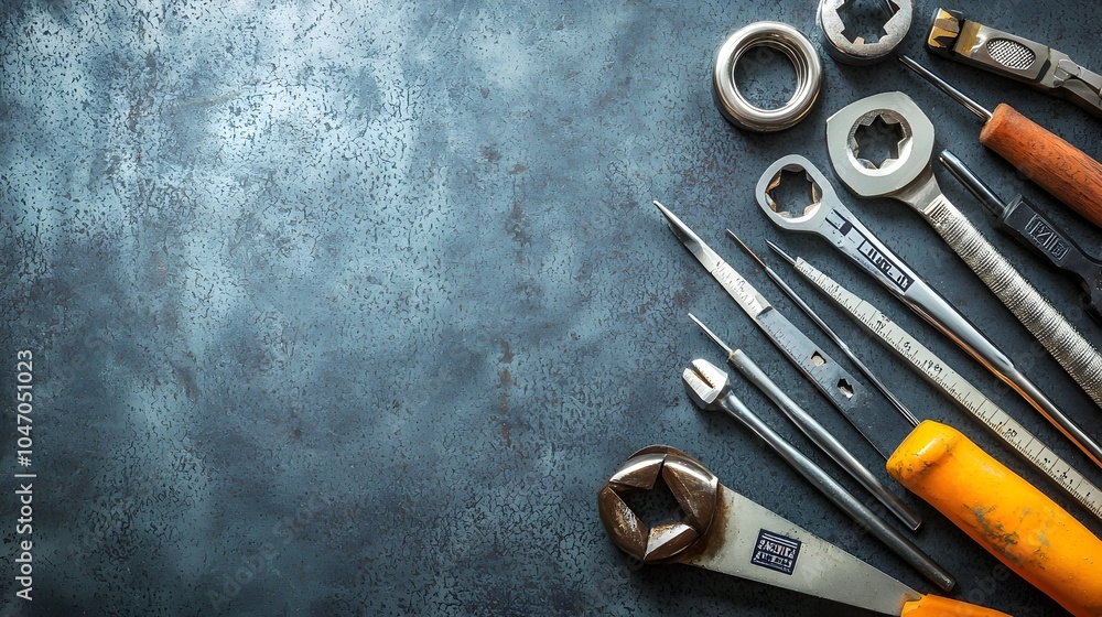 Aufkleber Precision tools and instruments for engineering and manufacturing neatly arranged on a clean metal surface