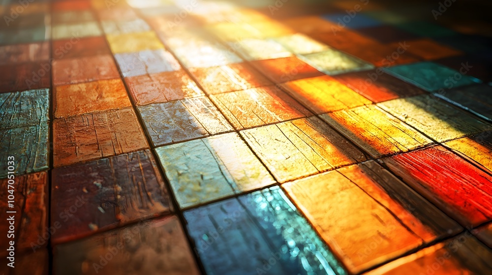 Poster Radiant kaleidoscope of vibrant colorful light patterns created by the sun shining through a stained glass window casting a mesmerizing and ethereal effect on the interior surface