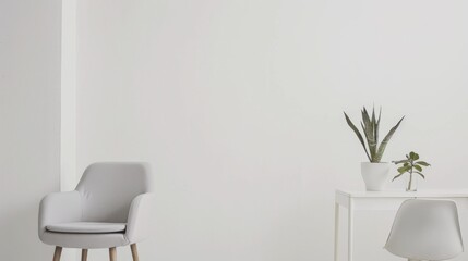 A minimalist living space boasting a white canvas backdrop, Featuring sleek and functional furniture pieces, Scandinavian serenity