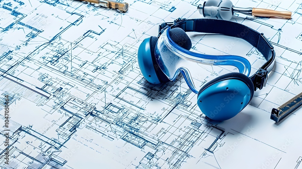 Aufkleber safety goggles and ear defenders resting on a blueprint table symbolizing the importance of protecti