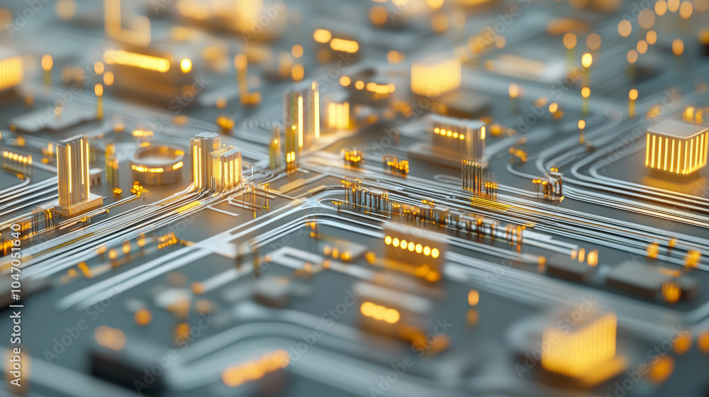 Poster a futuristic cityscape resembling a computer circuit board, with glowing pathways and illuminated st