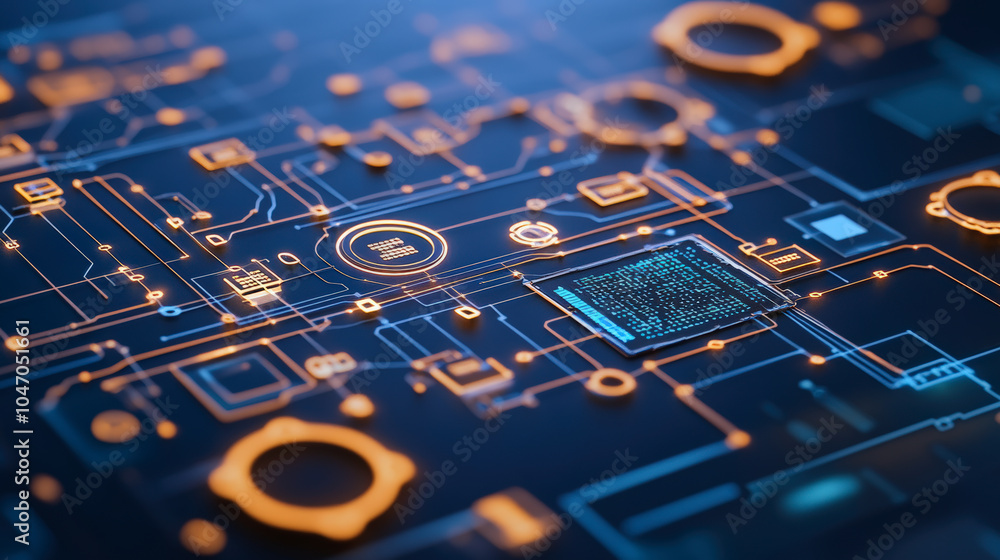 Poster a close-up of a futuristic digital circuit board with glowing orange and blue lines, representing ad