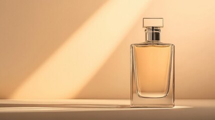 An elegant translucent bottle in a tone-on-tone setting, blending effortlessly with a background of matching shades and soft light refractions