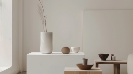 A minimalist living space boasting a white canvas backdrop, Featuring sleek and functional furniture pieces, Scandinavian simplicity