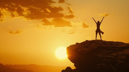 Silhouetted figure stands with arms raised atop a rocky cliff overlooking a stunning sunrise landscape  The person s pose conveys a sense of achievement freedom and connection with the natural world