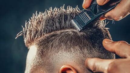 Naklejka premium Skilled barber s hands using clippers to blend a seamless fade haircut into the crown creating a polished modern look with precision and expertise