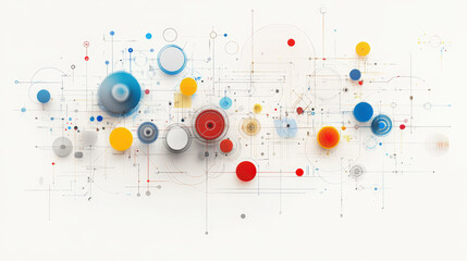 Colorful abstract artwork with geometric shapes and lines, creating a dynamic composition. Circles and connecting lines suggest connections and networks on a white background.