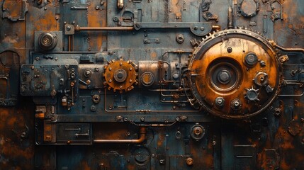 Detailed close-up of an industrial machinery surface with gears and pipes, showcasing rust and patina.