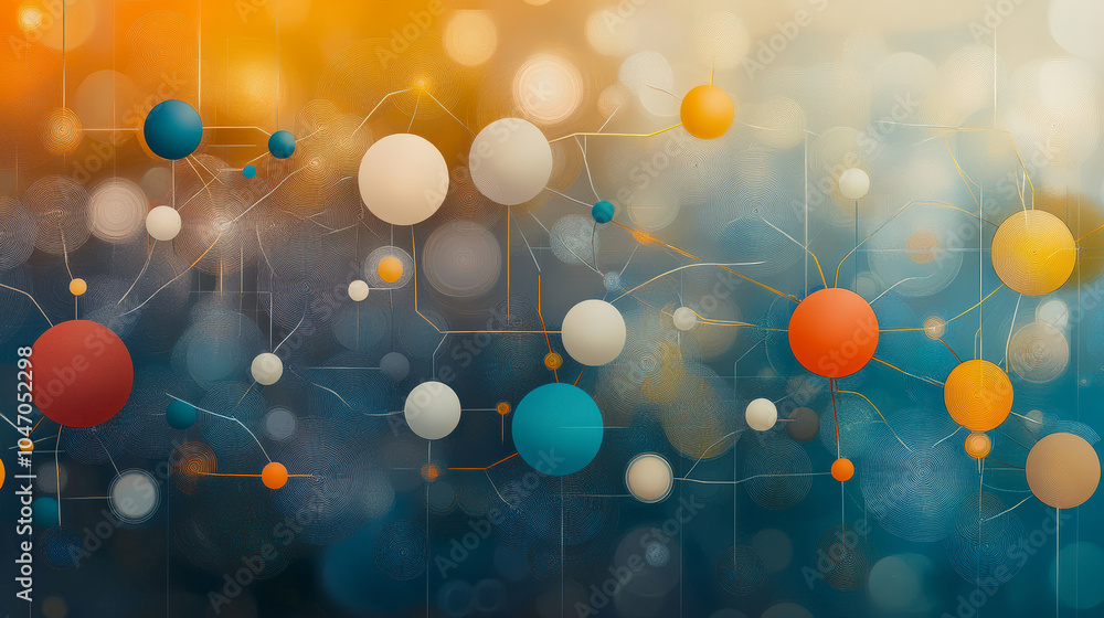 Poster abstract network representation with colorful interconnected spheres on a blurred background, symbol