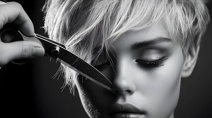 Obraz premium Skilled Hairdresser Using Specialized Thinning Shears to Add Intricate Texture and Volume to a Fashionable Short Haircut in a Salon Setting