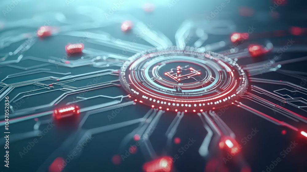 Poster futuristic circuit board with digital nodes and a glowing central hub, symbolizing technology and in