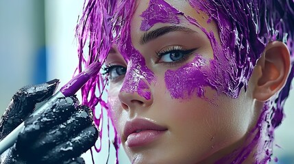 Skilled Stylist Applying Vivid Purple Hair Dye on Pre Bleached Locks for a Dramatic Makeover and Transformation