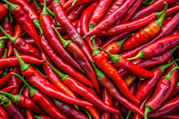 A vibrant pile of fresh red chili peppers, showcasing their glossy surfaces and distinct shapes, ideal for adding heat to various dishes.