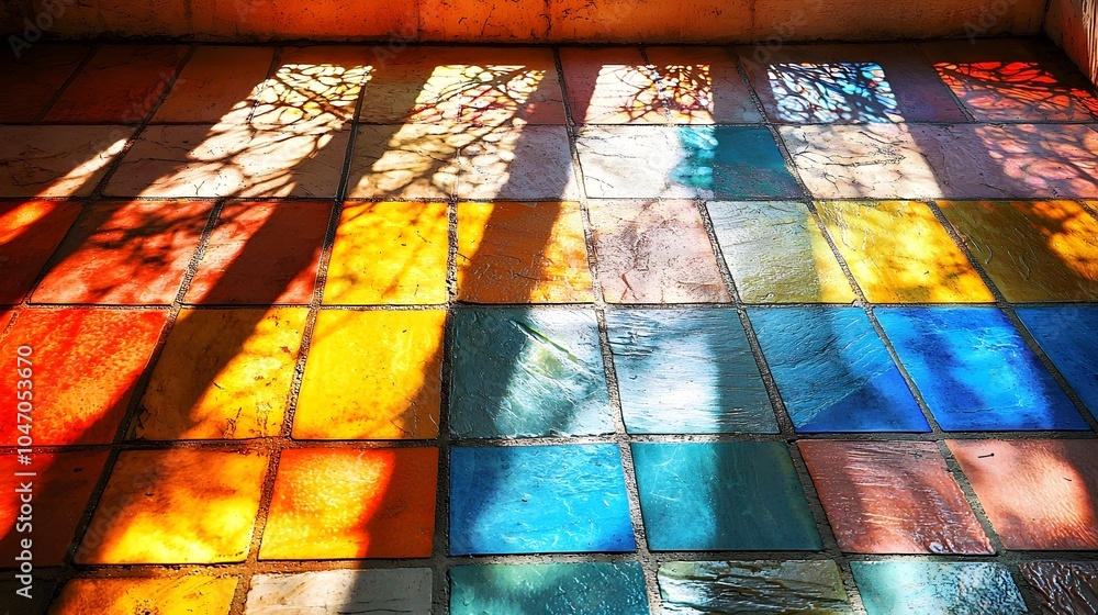 Aufkleber Sunlight streaming through intricate stained glass window casting a captivating display of vibrant colors and geometric patterns on the floor below  The ethereal