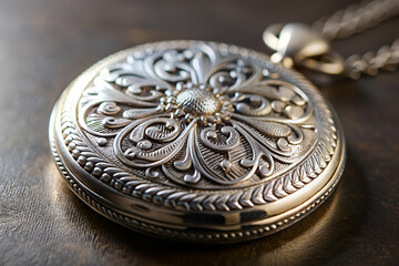 Obraz premium A beautifully detailed silver pocket watch with intricate engravings and a classic design, resting on a textured surface.