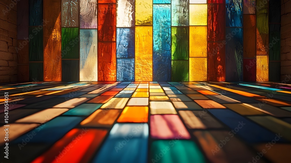 Leinwandbilder vibrant stained glass window allowing sun s rays to cast colorful geometric patterns across the floo