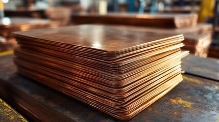 Stack of Smooth Copper Plates in Factory. Large stack of smooth copper plates in a factory setting, showcasing the raw material used for various industrial applications.