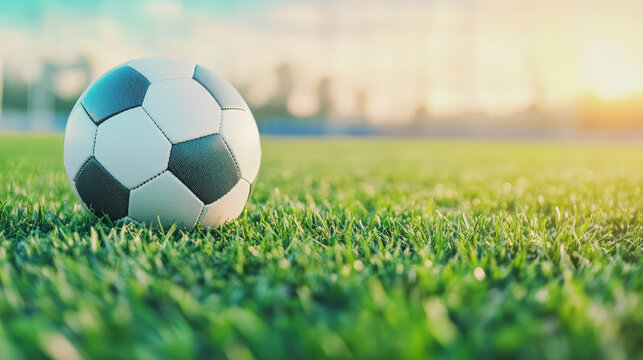 A soccer ball resting on a lush green field under a bright, sunny sky, capturing the essence of an inviting day for sports.
