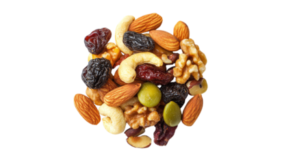 Mix of nuts and dry fruits on white background