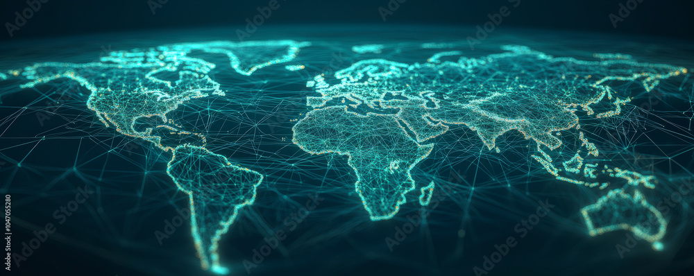 Poster a digital illustration of a world map with interconnected lines, symbolizing global connectivity and