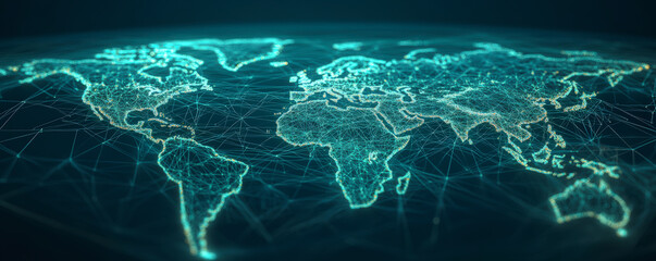 A digital illustration of a world map with interconnected lines, symbolizing global connectivity and communication across continents in a networked world.