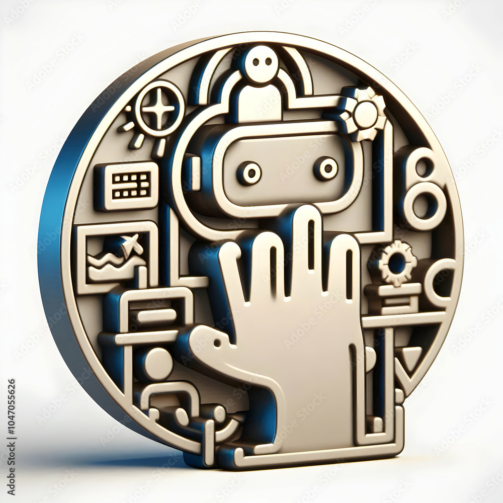 Poster 3d close up hand touching virtual reality hologram in home office macro image symbolizing happiness 