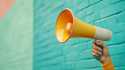 A hand holds a colorful megaphone against a teal brick wall, ready to amplify announcements or rally enthusiasm with a bold and vibrant statement.