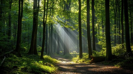 Fototapeta premium Light Breaking Through in a Dark Forest Clearing