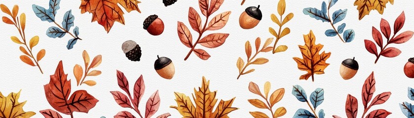 Obraz premium Whimsical Watercolor Autumn, Leaves, acorns, and branches dance in a vibrant fall scene.