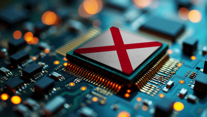 A Alabama themed chip is embedded on a circuit board with illuminated pathways, highlighting innovation in electronics and cutting-edge hardware.