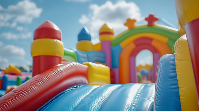 Colorful inflatable bounce castle with slides and turrets under a sunny, cloudy sky, creating a playful and joyful outdoor atmosphere for kids.