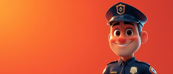 Confident and approachable cartoon police officer, exuding safety and reliability while smiling warmly against a bright backdrop