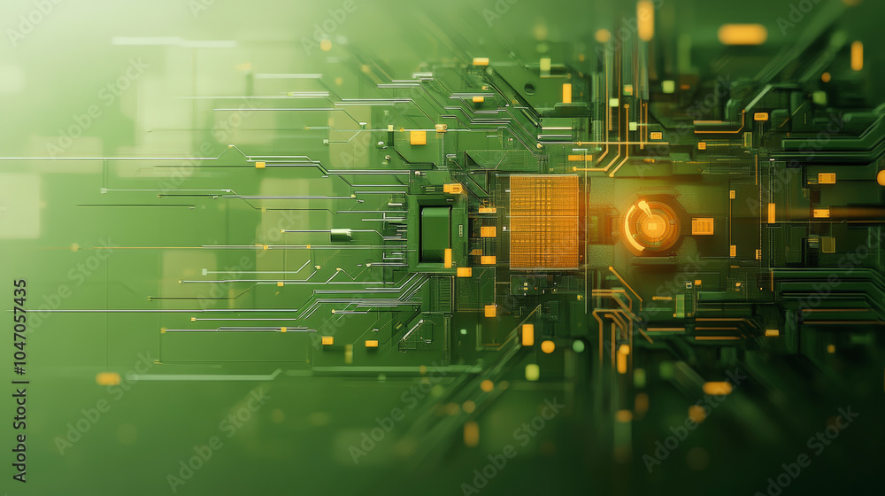 Poster a digital circuit board with glowing green and orange elements, depicting a futuristic and intricate