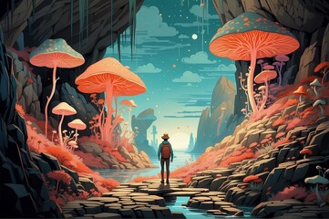 Fantasy Forest Hike with Giant Mushrooms and Adventurer – Surreal Nature Landscape
