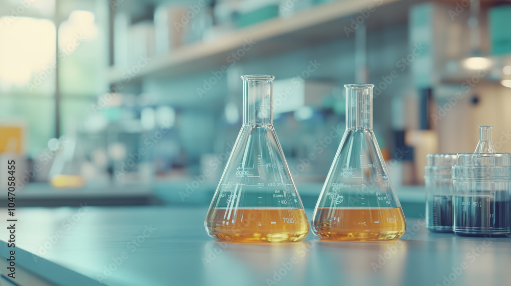 Aufkleber laboratory setting with two erlenmeyer flasks containing yellow liquid on a workbench, surrounded by