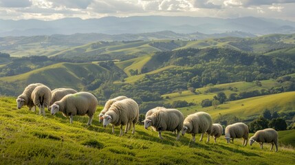 Sheep Grazing in a Rolling Green Landscape