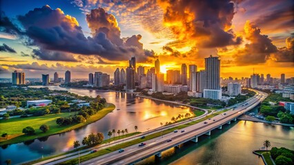 Fototapeta premium Aerial Drone View of Miami Skyline at Sunset with Bokeh Effect for Travel Enthusiasts
