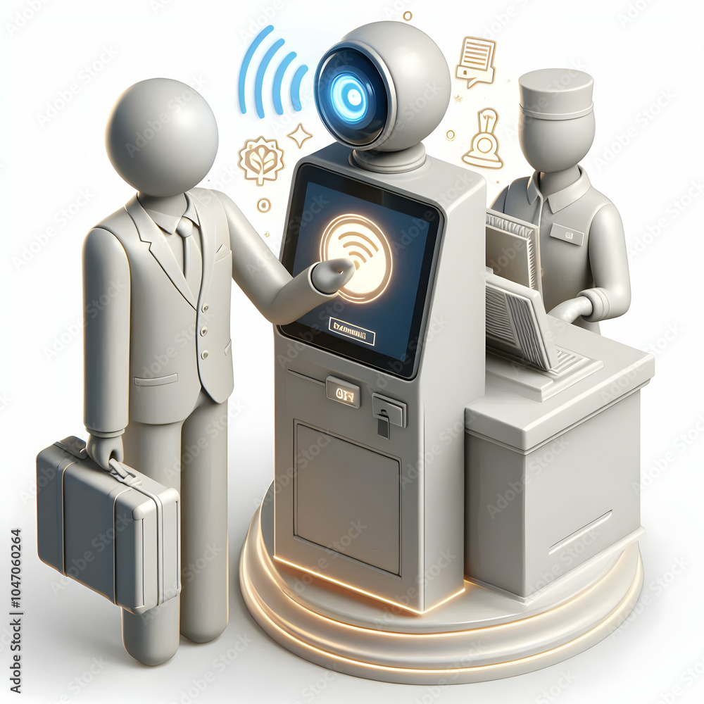 Poster 3d automated hospitality services concept hotel receptionist automated check-in kiosk efficiency tec