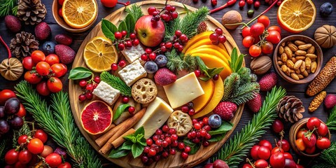 Aerial View of a Festive Christmas Fruit and Cheese Platter with Seasonal Decorations