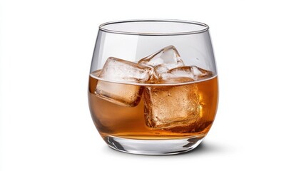 A glass of whiskey served on the rocks, featuring large ice cubes against a clean white background for refined appeal