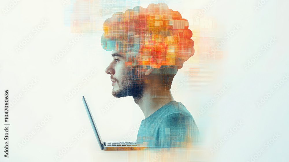 Poster a side profile of a man using a laptop, with a colorful digital brain graphic overlay, symbolizing c