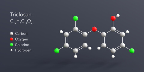 triclosan molecule 3d rendering, flat molecular structure with chemical formula and atoms color coding