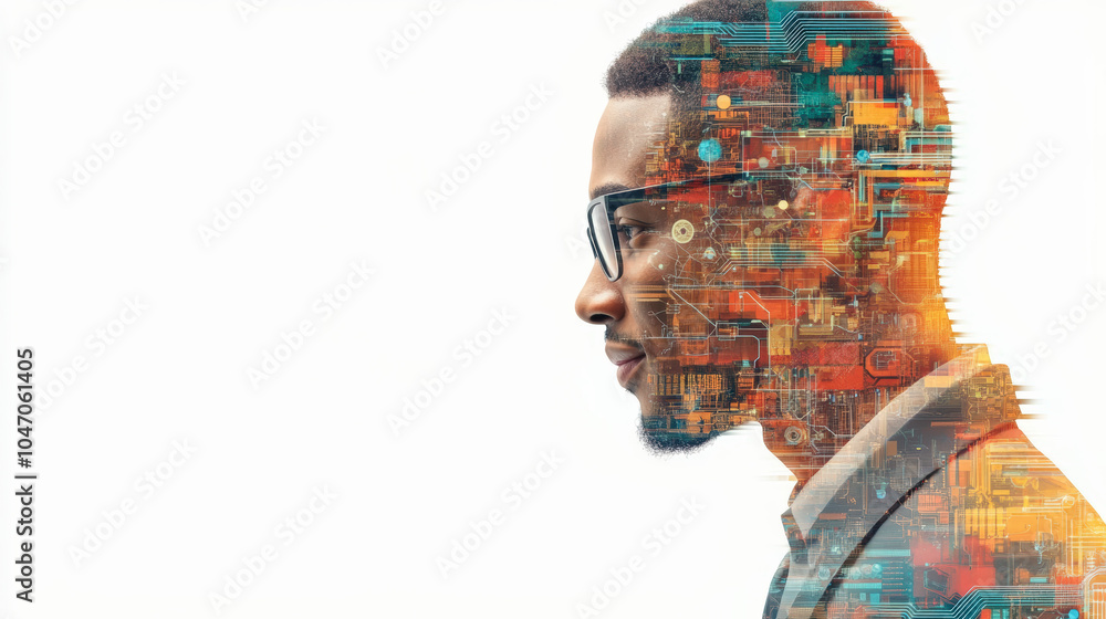 Poster profile of a person with glasses, digitally integrated with circuit board patterns, symbolizing a fu