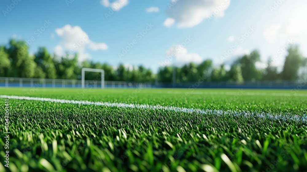 Wall mural a clean 3d rendering of a football field with vibrant green grass, goalposts, and sidelines, large c