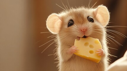 Fototapeta premium A close-up of an adorable mouse holding a piece of cheese, with generous copy space on the side for text or graphics.